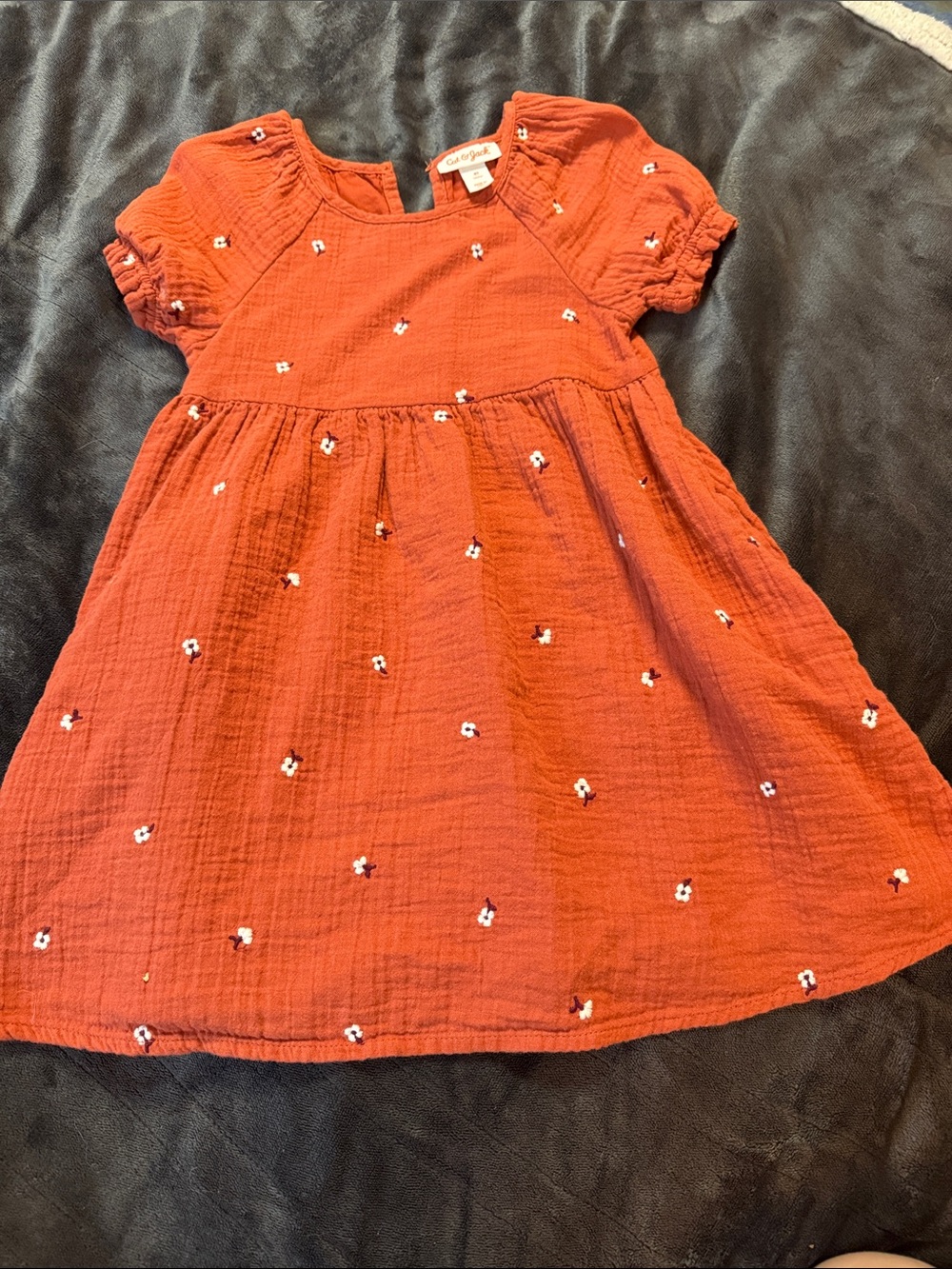 Cat & Jack Girls' Rust Orange Cotton Dress with Tiny White Floral Embroidery